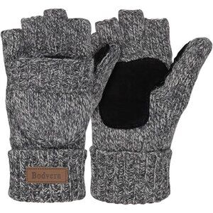 Women's Light Gray Thermal Warm Wool Fingerless Knitted Mittens Flap Gloves